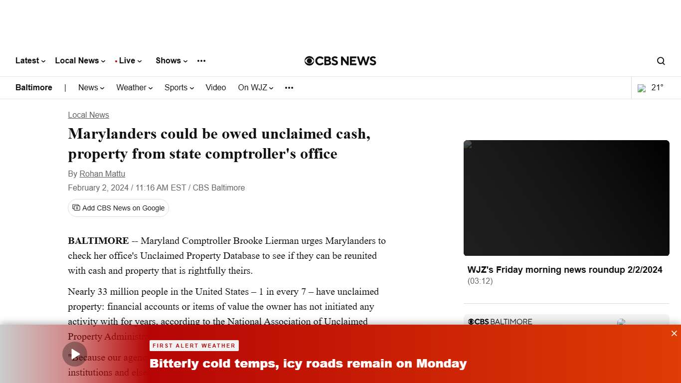 Marylanders could be owed unclaimed cash, property from state comptroller's office - CBS Baltimore